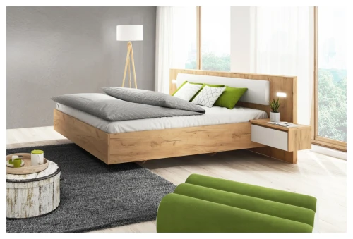 Łóżko Xelo ze stolikami nocnymi LED 160x200 cm dąb craft złoty + biały