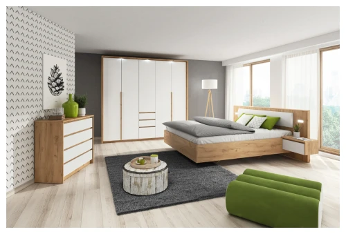 Zestaw mebli do sypialni Xelo łóżko szafa komoda stoliki nocne dąb craft złoty + biały