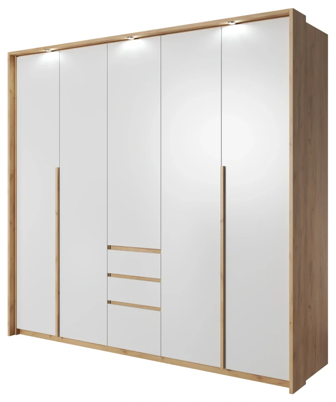 Zestaw mebli do sypialni Xelo łóżko szafa komoda stoliki nocne dąb craft złoty + biały - szafa z listwą LED