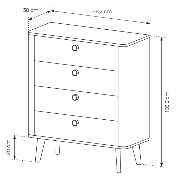 Komoda Viki 4 szuflady wąska na nóżkach 88 cm dąb barista