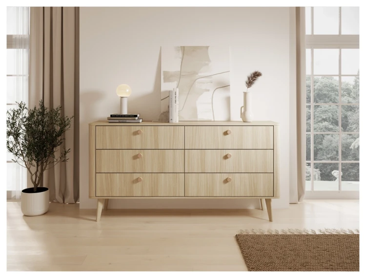 Komoda Viki 6 szuflad szeroka na nóżkach 163 cm dąb barista