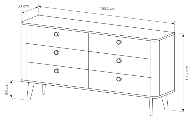 Komoda Viki 6 szuflad szeroka na nóżkach 163 cm dąb barista