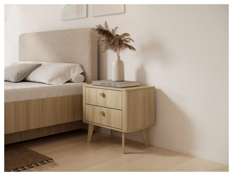 Stolik nocny Viki z 2 szufladami na drewnianych nóżkach 63 cm dąb barista