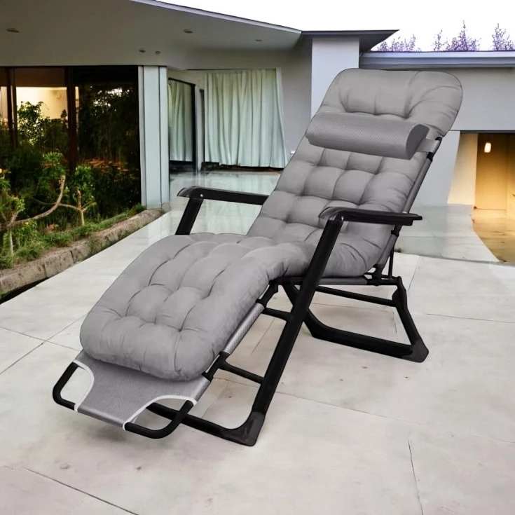 Leżak ogrodowy Libretto rozkładany plażowy z miękką poduszką szary na czarnym stelażu
