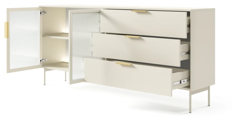 Komoda Lumi przeszklona z szufladami i oświetleniem LED 181 cm kaszmir