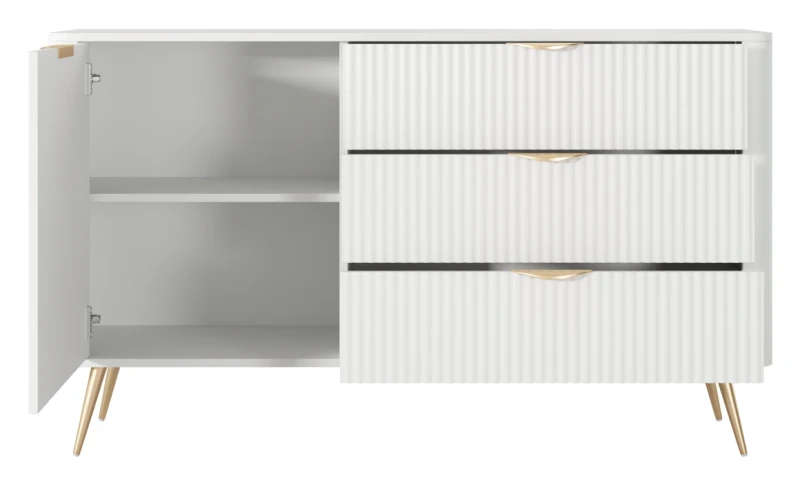 Komoda Lante ryflowana jednodrzwiowa z szufladami do salonu 138 cm biała