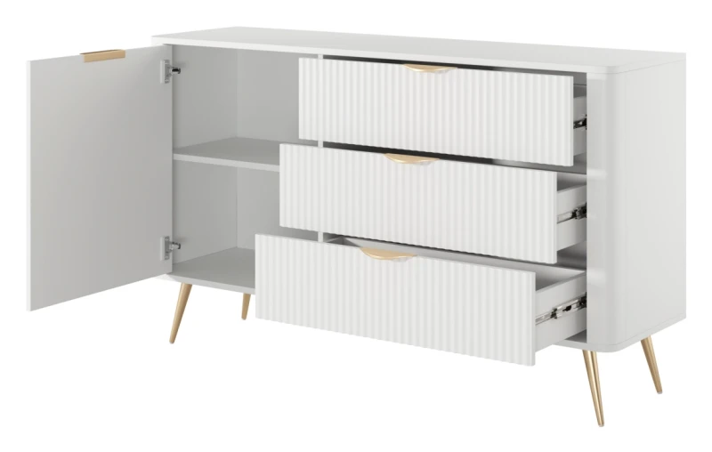 Komoda Lante ryflowana jednodrzwiowa z szufladami do salonu 138 cm biała