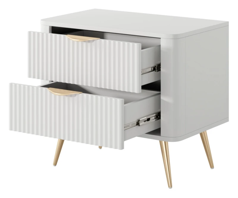 Stolik nocny Lante ryflowany z szufladami do sypialni 63 cm biały