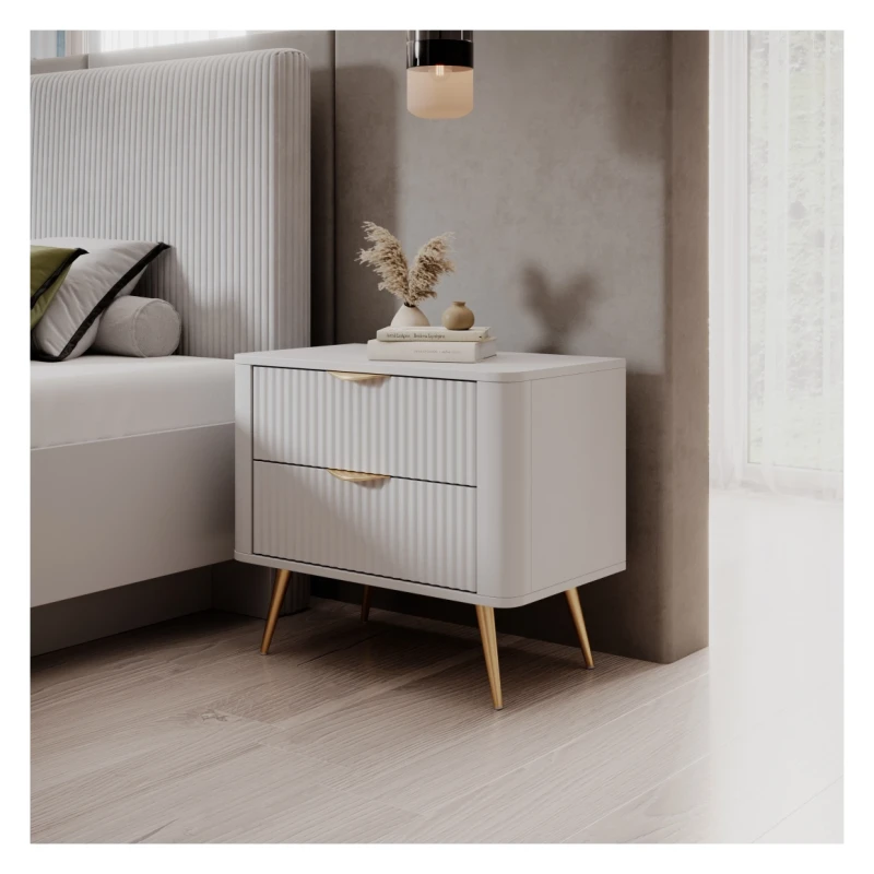 Stolik nocny Lante ryflowany z szufladami do sypialni 63 cm biały
