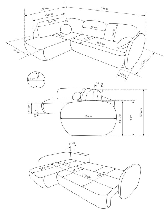 Narożnik rozkładany OLIO II 289 cm z funkcją spania i pojemnikiem na pościel