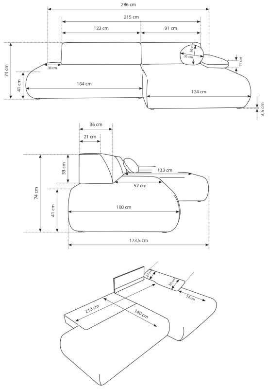 Narożnik rozkładany PUENTE 286 cm z funkcją spania i pojemnikiem na pościel