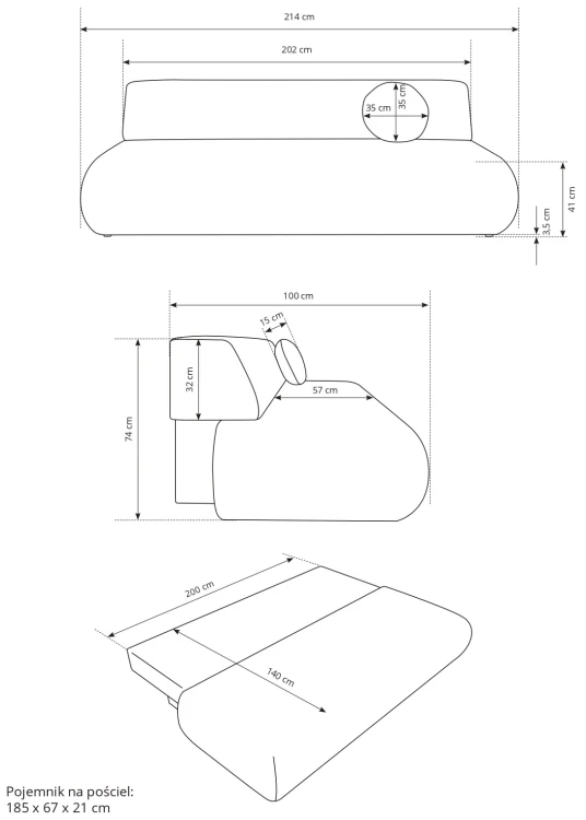Sofa rozkładana PUENTE 214 cm z funkcją spania i pojemnikiem na pościel