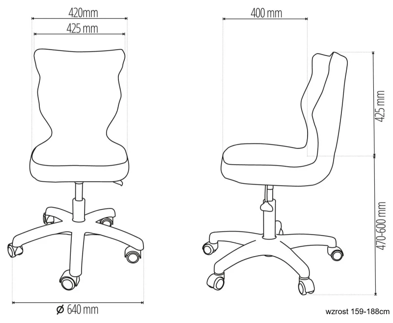 Krzesło młodzieżowe obrotowe do biurka Petit dla dziewczynki wzrost 146-188 cm czarna podstawa kółka - wzrost 159-188cm
