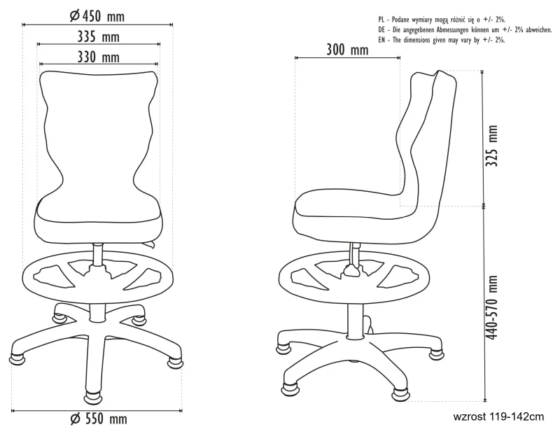 Krzesło dziecięce obrotowe do biurka Petit dla dziewczynki wzrost 119-159 cm biała podstawa stopki z podnóżkiem - wzrost 119-142cm