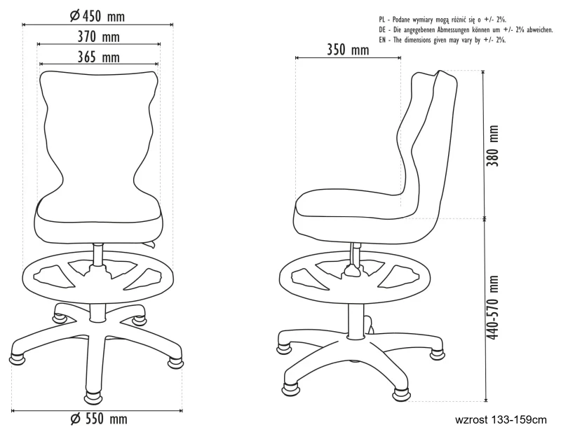 Krzesło dziecięce obrotowe do biurka Petit dla dziewczynki wzrost 119-159 cm biała podstawa stopki z podnóżkiem - wzrost 133-159cm