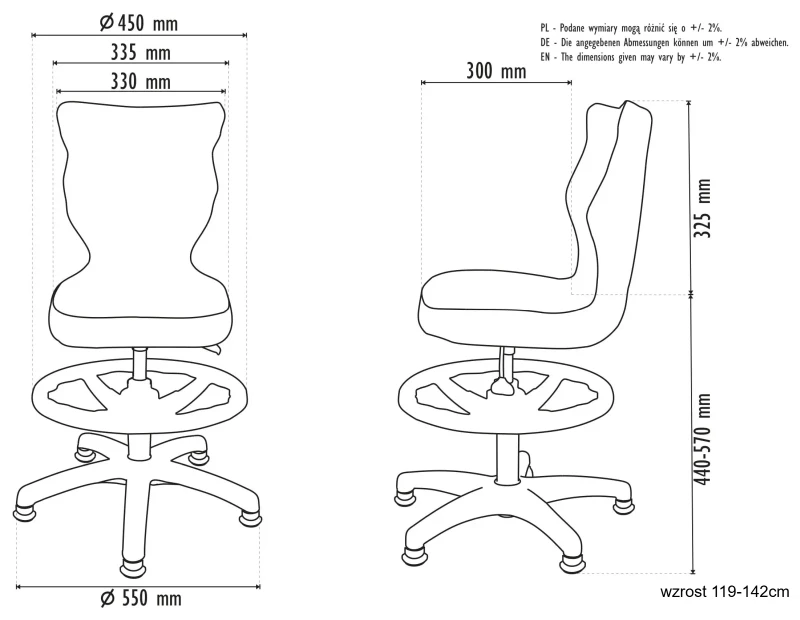 Krzesło dziecięce obrotowe do biurka Petit dla dziewczynki wzrost 119-159 cm szara podstawa stopki z podnóżkiem - wzrost 119-142cm