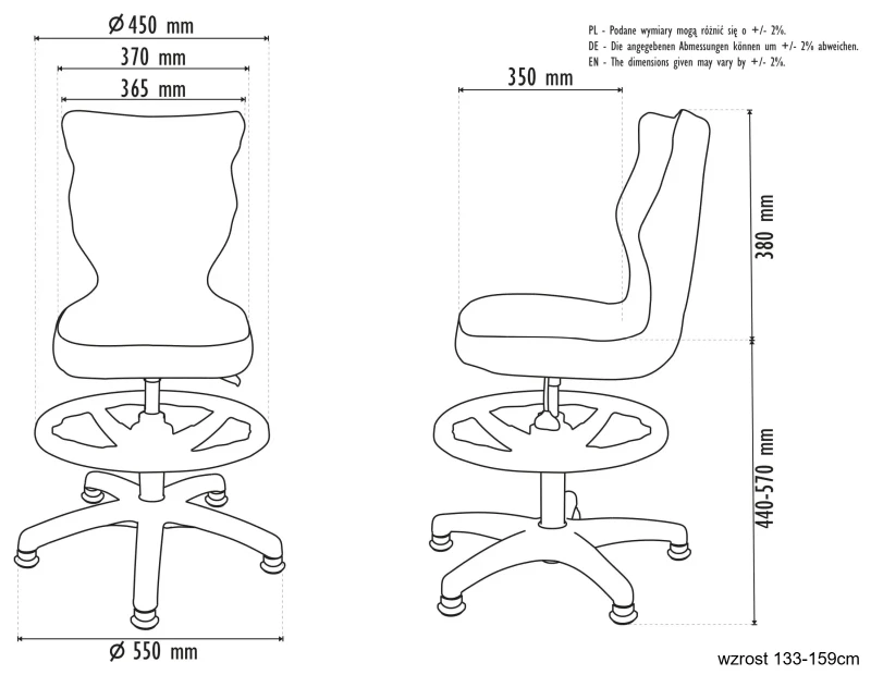 Krzesło dziecięce obrotowe do biurka Petit dla dziewczynki wzrost 119-159 cm szara podstawa stopki z podnóżkiem - wzrost 133-159cm