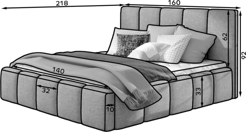 Łóżko tapicerowane Edvige 140x200 z pojemnikiem na pościel z podnośnikiem gazowym - wymiary