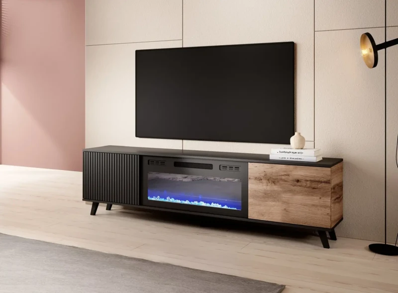 Stolik szafka RTV z kominkiem Random RTV-K 180 cm dąb wotan/czarny