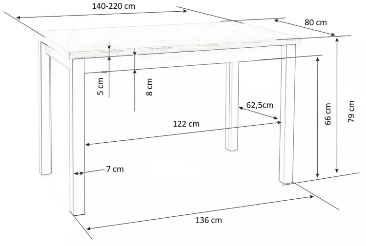Stół rozkładany Tiago 140-220 cm czarny / dąb craft - wymiary