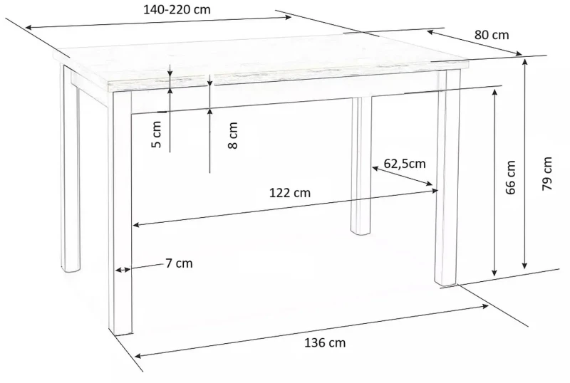 Stół rozkładany Tiago 140-220 cm czarny / dąb craft - wymiary