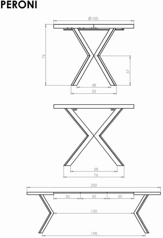 Stół rozkładany Peroni 100-250 cm dąb złoty / czarny  - wymiary