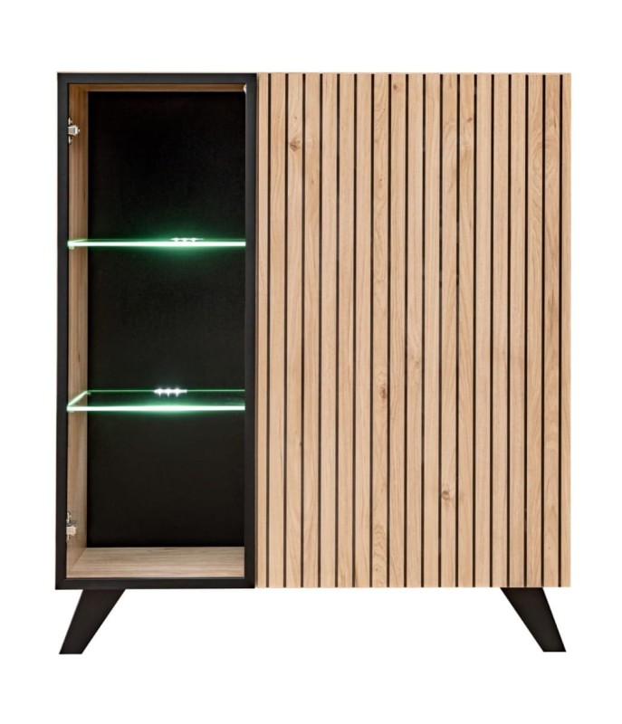 Witryna niska Liam 90 cm z LED do salonu hickory jackson/czarny