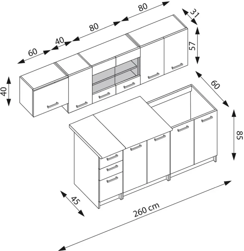 Zestaw mebli kuchennych Perła 260 sonoma/biały z blatem piaskowym - wymiary