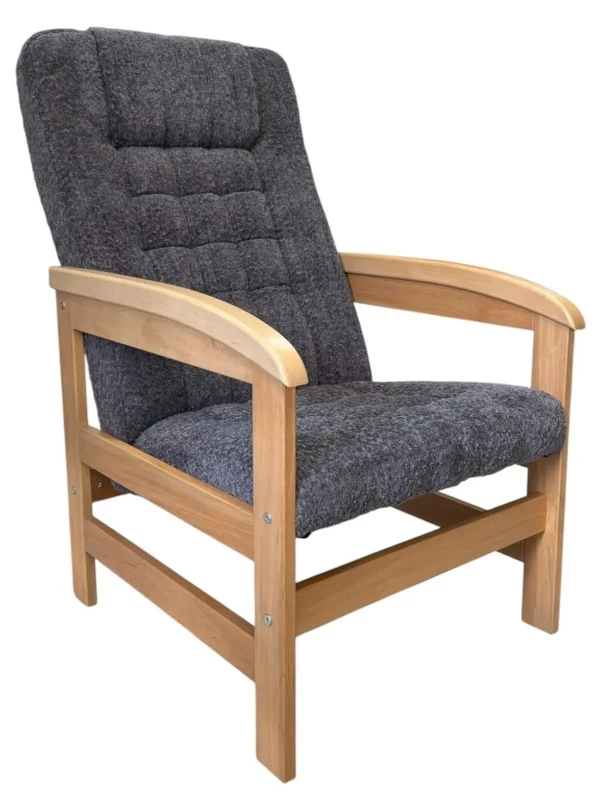 Fotel tapicerowany Luca pikowany na drewnianym stelażu do salonu  ciemnoszary jasny dąb CORAL 80