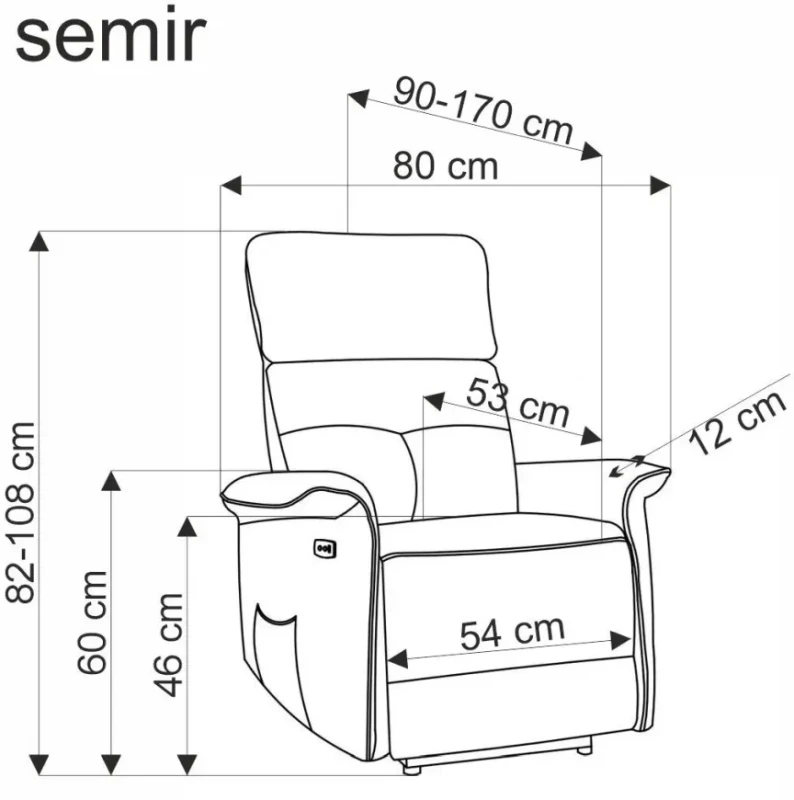 Fotel wypoczynkowy Semir z funkcją elektrycznego rozkładania/gniazdo USB do salonu ciemny zielony - wymiary