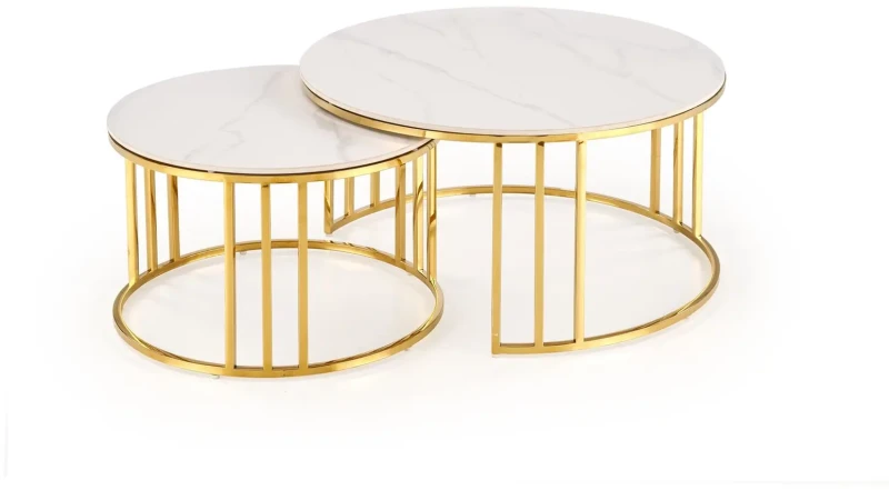 Zestaw 2 stolików Mercury blat szkło biały marmur/złoty