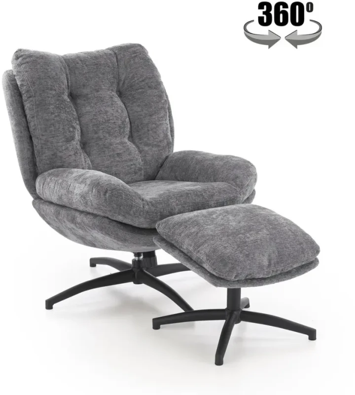 Fotel z podnóżkiem Pesto funkcja kołyski i obrotowe siedzisko do salonu popielaty
