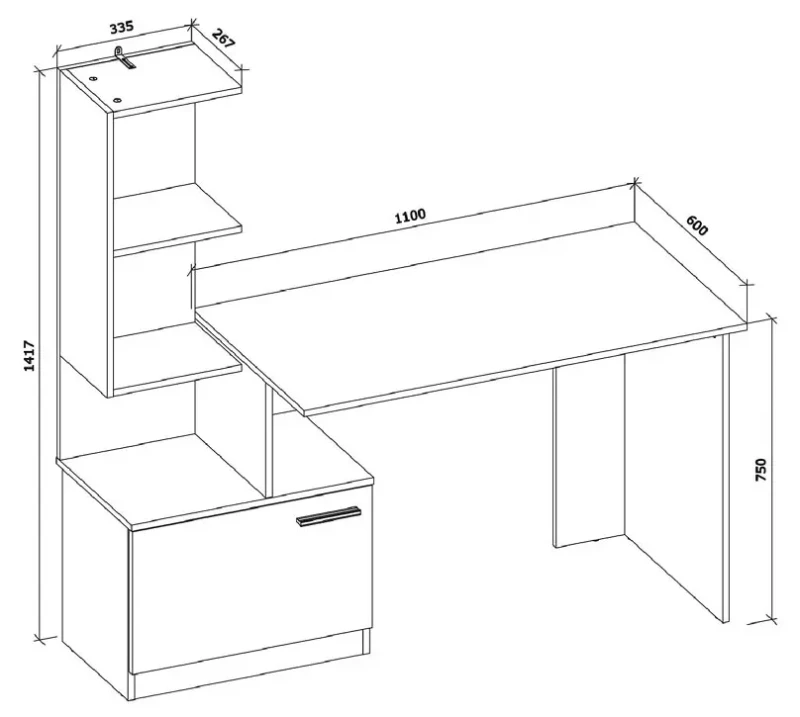 Biurko Miso z regałem i szafką do pokoju młodzieżowego 144 cm biały/dąb artisan - wymiary