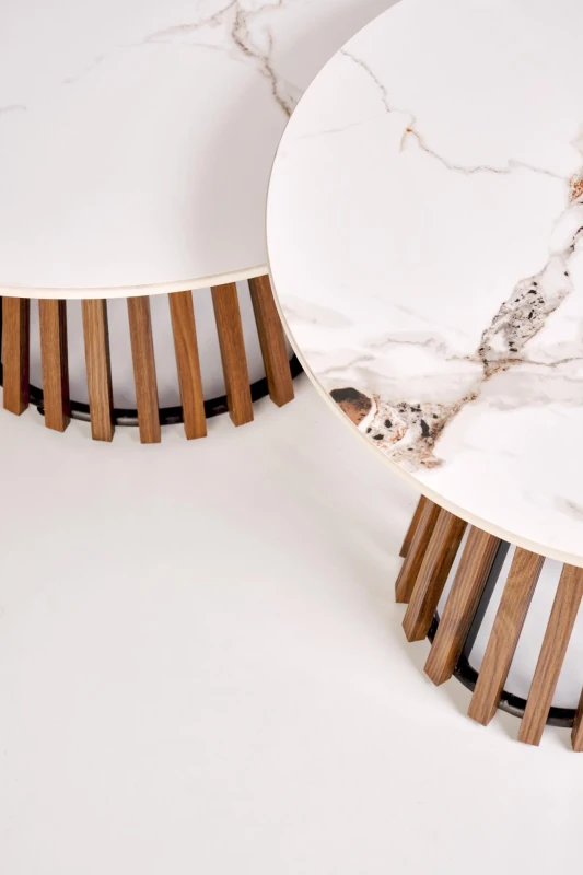 Stolik ława okrągła CARINA S 50 cm beżowy marmur/orzech