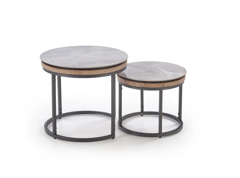 Zestaw 2 ław stolików kawowych ITAKA okrągłe popielaty marmur/grafitowy