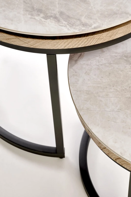 Zestaw 2 ław stolików kawowych ITAKA okrągłe popielaty marmur/grafitowy