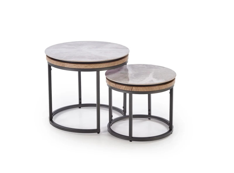 Zestaw 2 ław stolików kawowych ITAKA okrągłe popielaty marmur/grafitowy