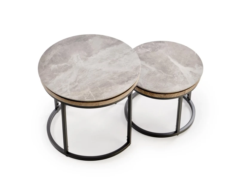 Zestaw 2 ław stolików kawowych ITAKA okrągłe popielaty marmur/grafitowy