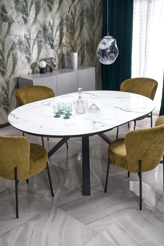 Krzesło K590 tapicerowane na metalowym stelażu do jadalni oliwkowy