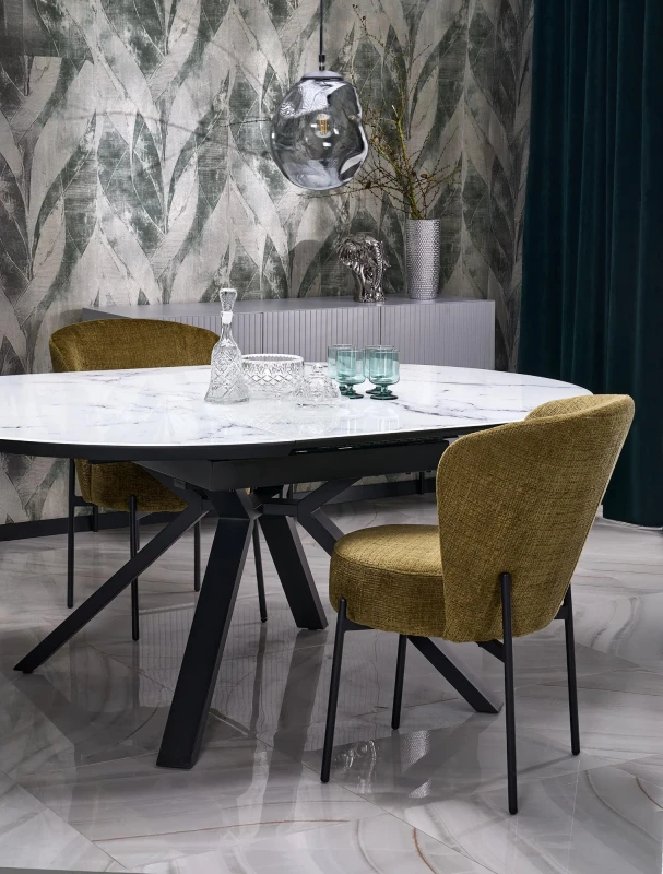 Krzesło K590 tapicerowane na metalowym stelażu do jadalni oliwkowy