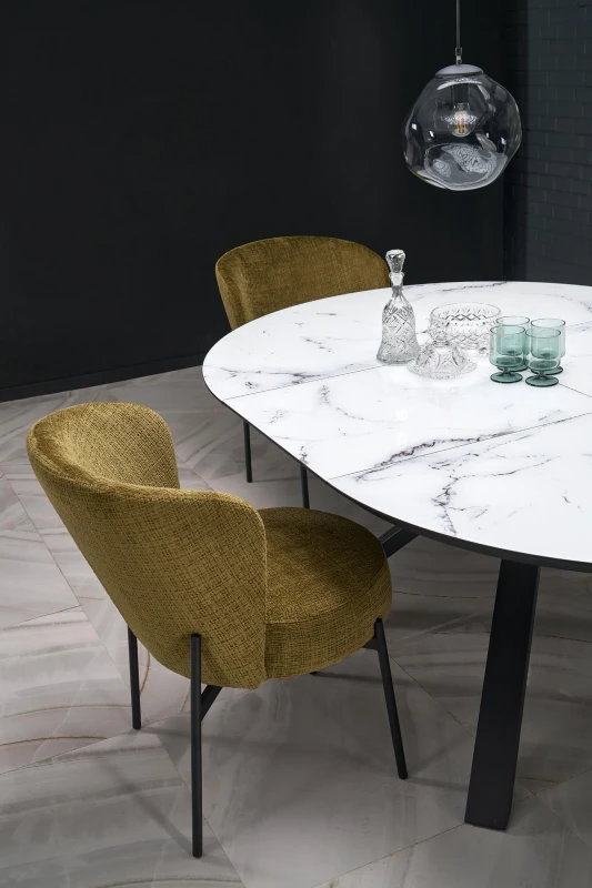 Krzesło K590 tapicerowane na metalowym stelażu do jadalni oliwkowy