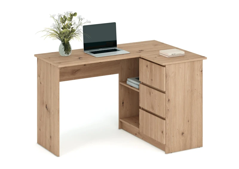 Biurko narożne BEGA 124 cm z 3 szufladami dąb artisan