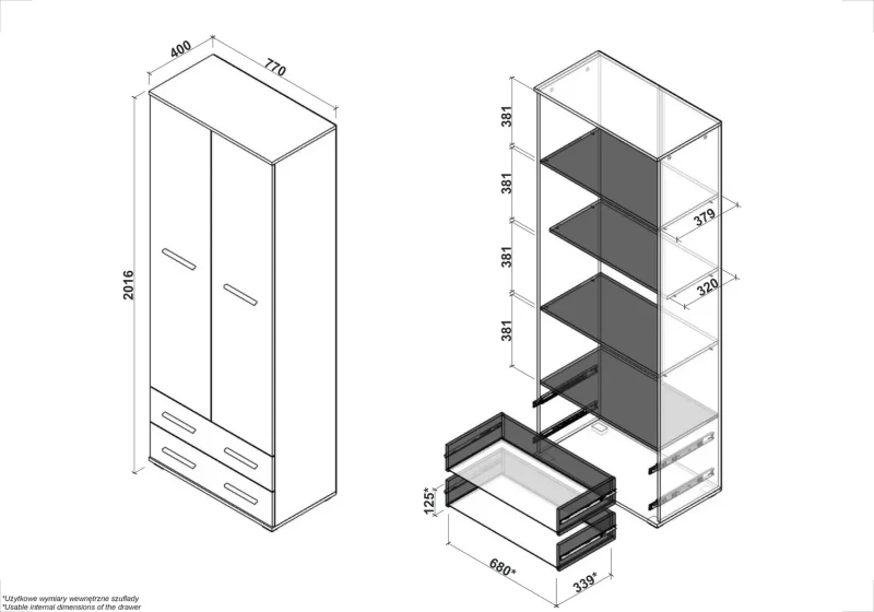 Regał Lima 77 cm z 2 szufladami do salonu dąb sonoma / biały wysoki połysk