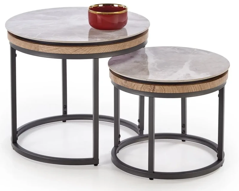 Zestaw 2 ław stolików kawowych ITAKA okrągłe popielaty marmur/grafitowy