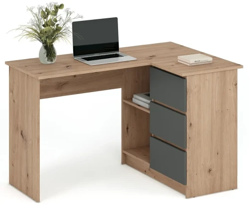 Biurko narożne BEGA 124 cm z 3 szufladami dąb artisan / grafitowy