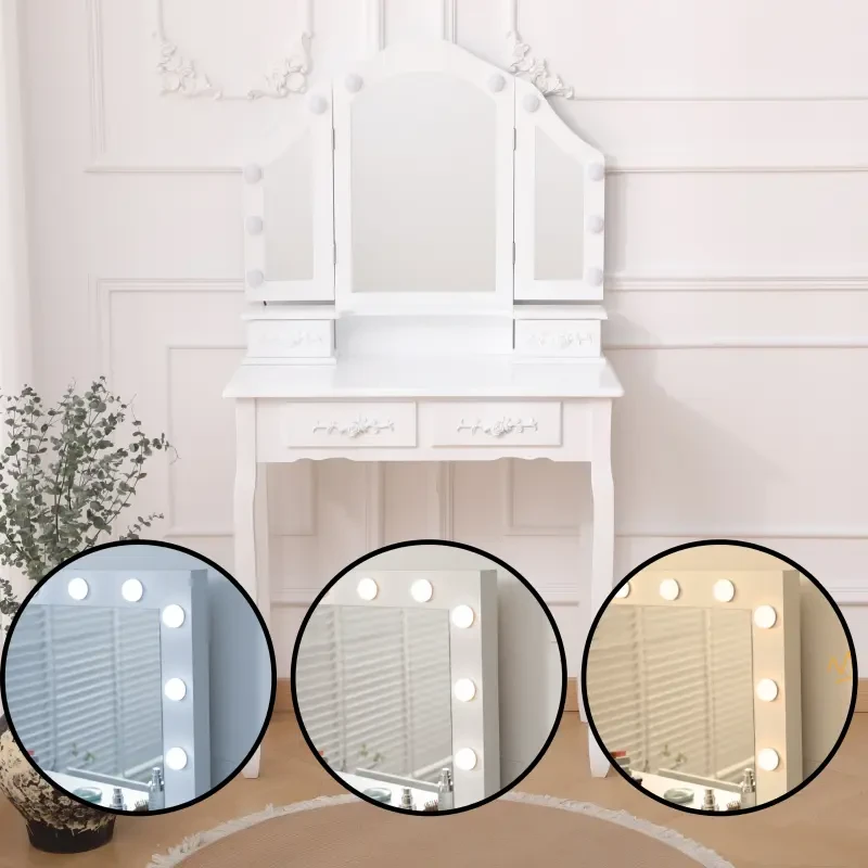 Toaletka DT01 z oświetleniem LED, lustrem i taboretem biała