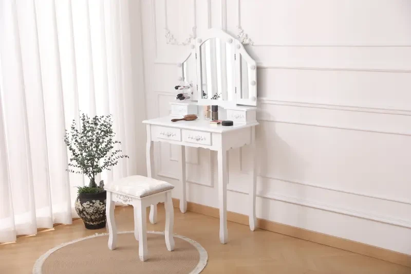 Toaletka DT01 z oświetleniem LED, lustrem i taboretem biała