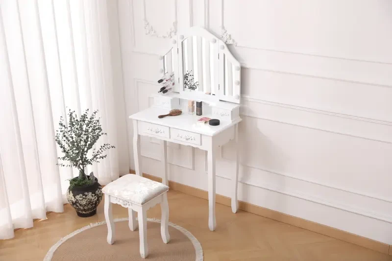 Toaletka DT01 z oświetleniem LED, lustrem i taboretem biała