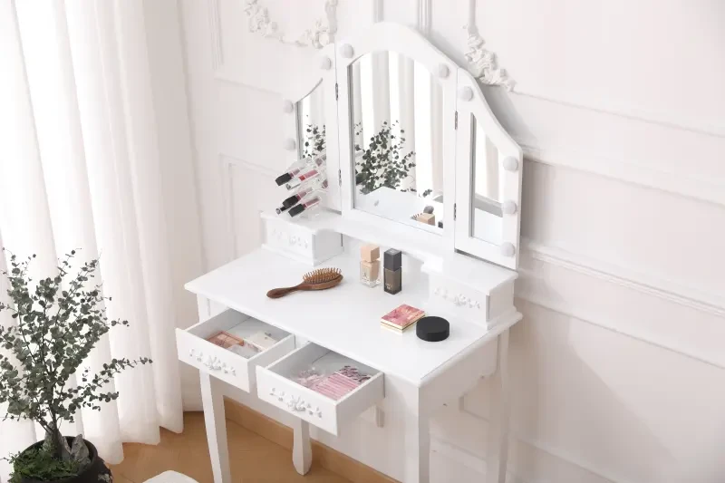 Toaletka DT01 z oświetleniem LED, lustrem i taboretem biała