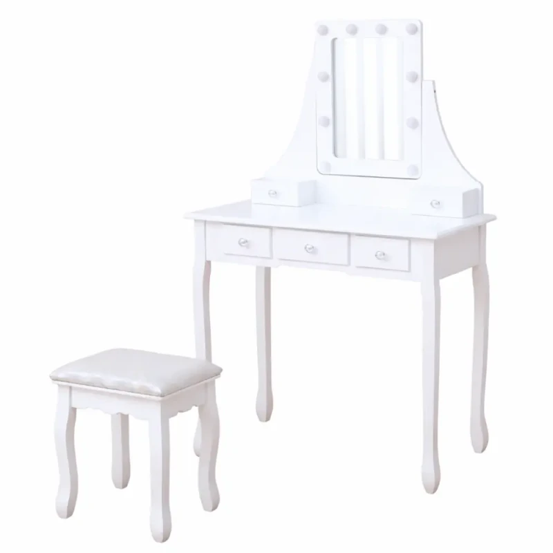 Toaletka kosmetyczna DT02 LED z lustrem, 5 szufladami i taboretem biała